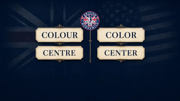 British and American spelling comparison showing colour, color, centre and center, with the British Wordsmith logo.