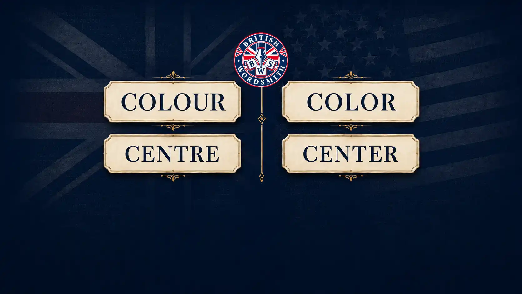British and American spelling comparison showing colour, color, centre and center, with the British Wordsmith logo.