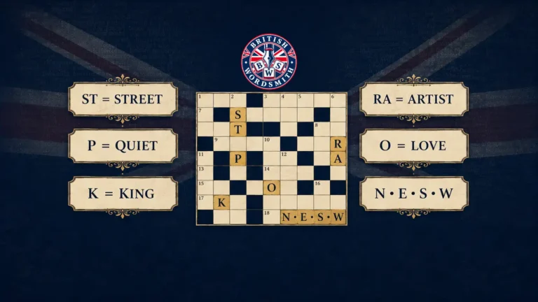 Crossword grid surrounded by common abbreviations for street, artist, quiet, love, king and compass directions.