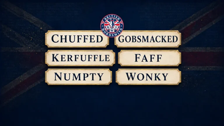 Six unusual British words displayed on ivory tiles: chuffed, gobsmacked, kerfuffle, faff, numpty and wonky.