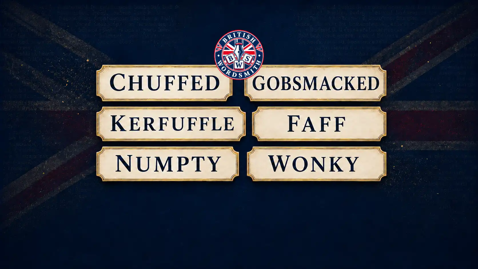 Six unusual British words displayed on ivory tiles: chuffed, gobsmacked, kerfuffle, faff, numpty and wonky.